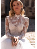 High Neck Beaded Ivory Feather Embroidery Lace Tulle Wedding Dress